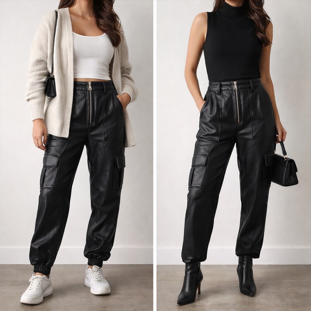 Blue Blush Black Faux Leather Cargo Pants with Zip Front 04-0142